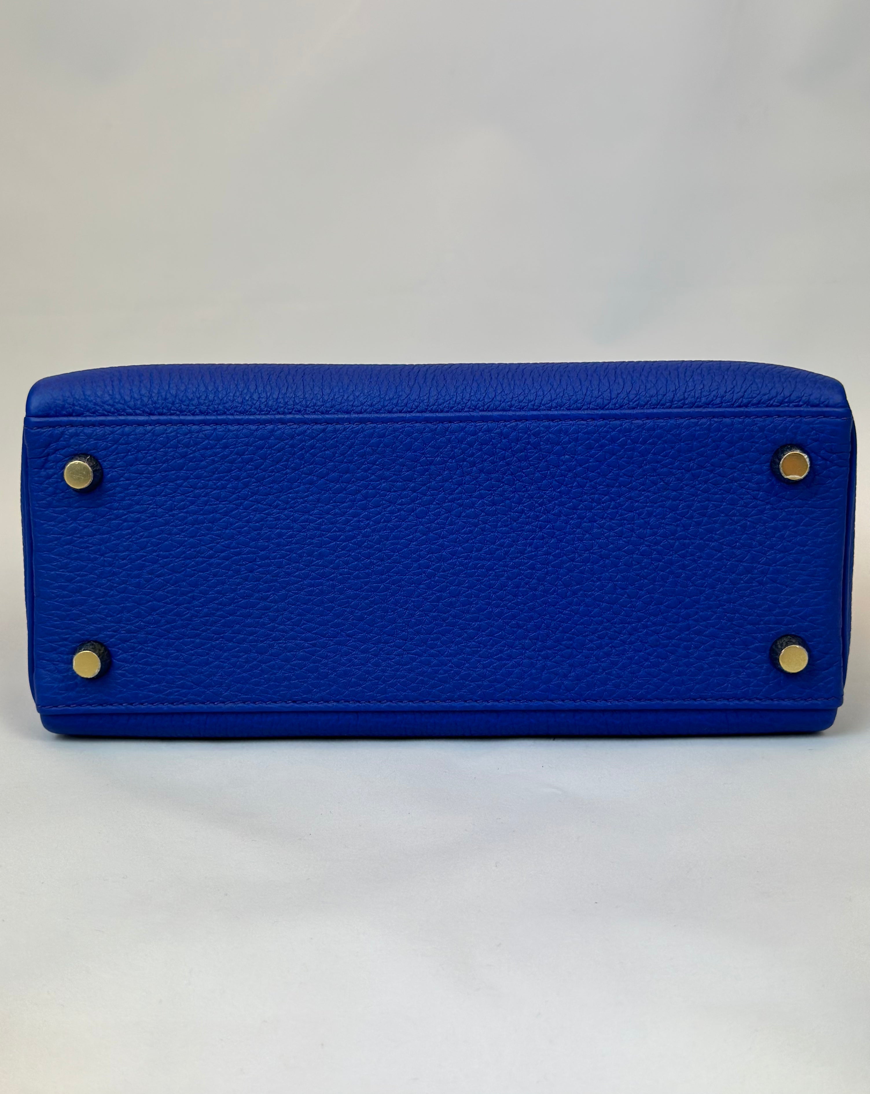 HERMES KELLY 25 TOGO BLUE ROYALE HANDBAG GOLD HARDWARE from below