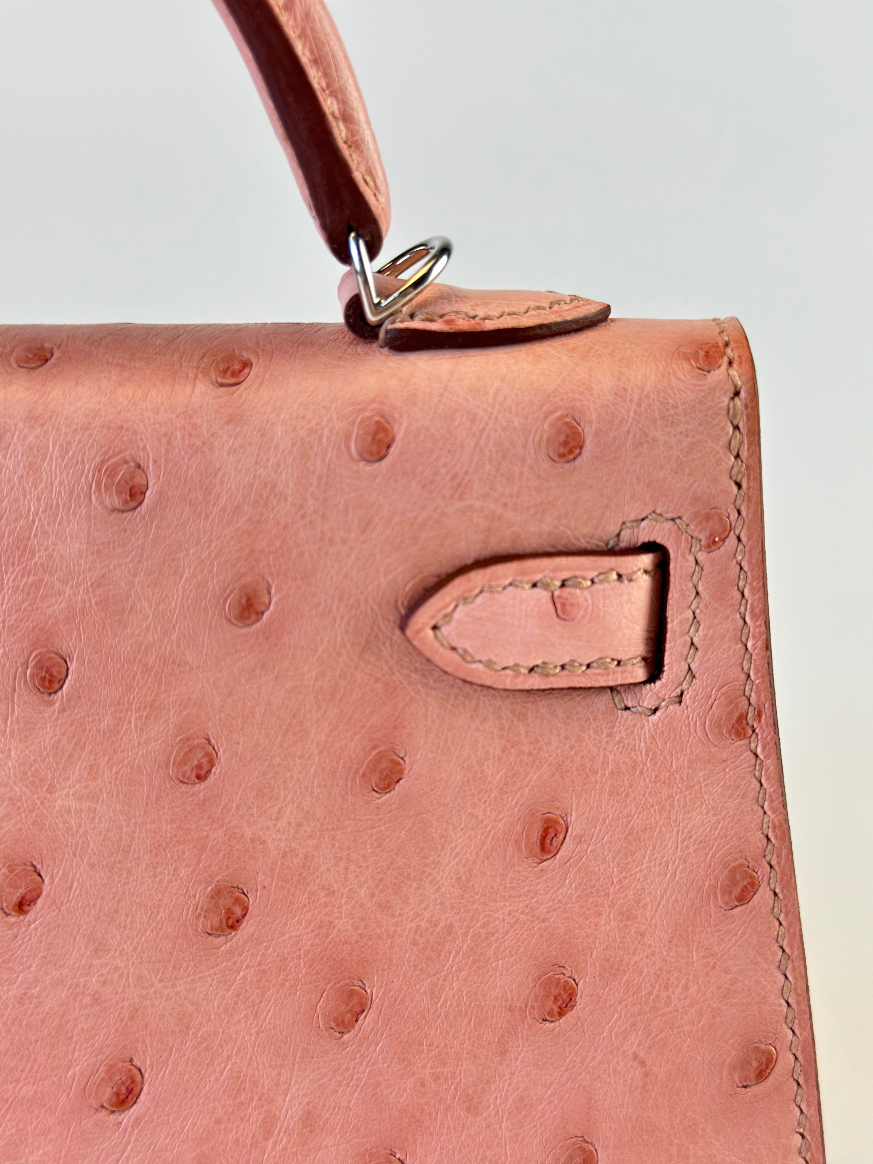 HERMES KELLY 20 OSTRICH SELLIER HANDBAG IN TERRE CUITE WITH PALLADIUM HARDWARE back close up