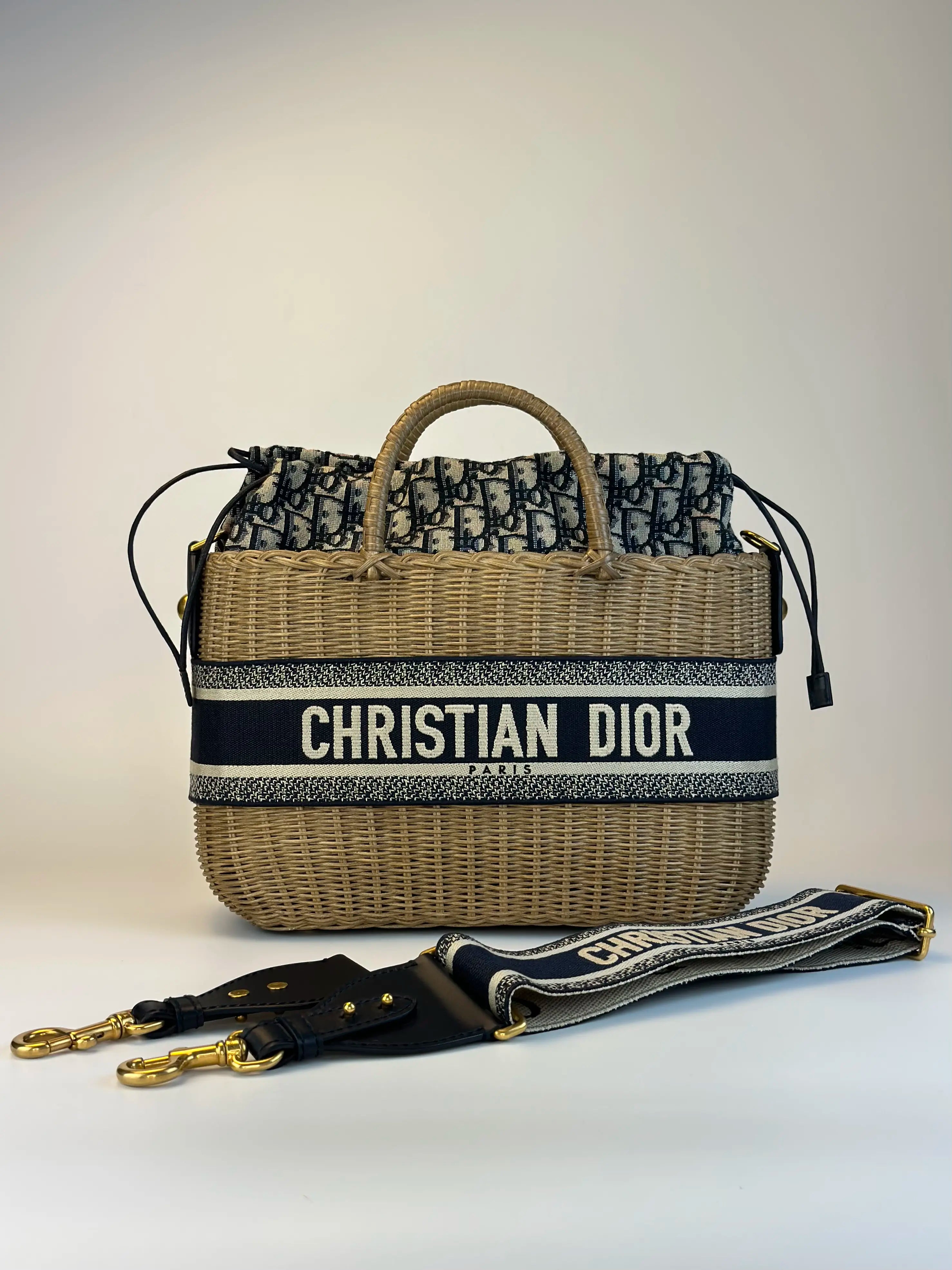 Christian Dior Logo-Jacquard Wicker Basket Bag