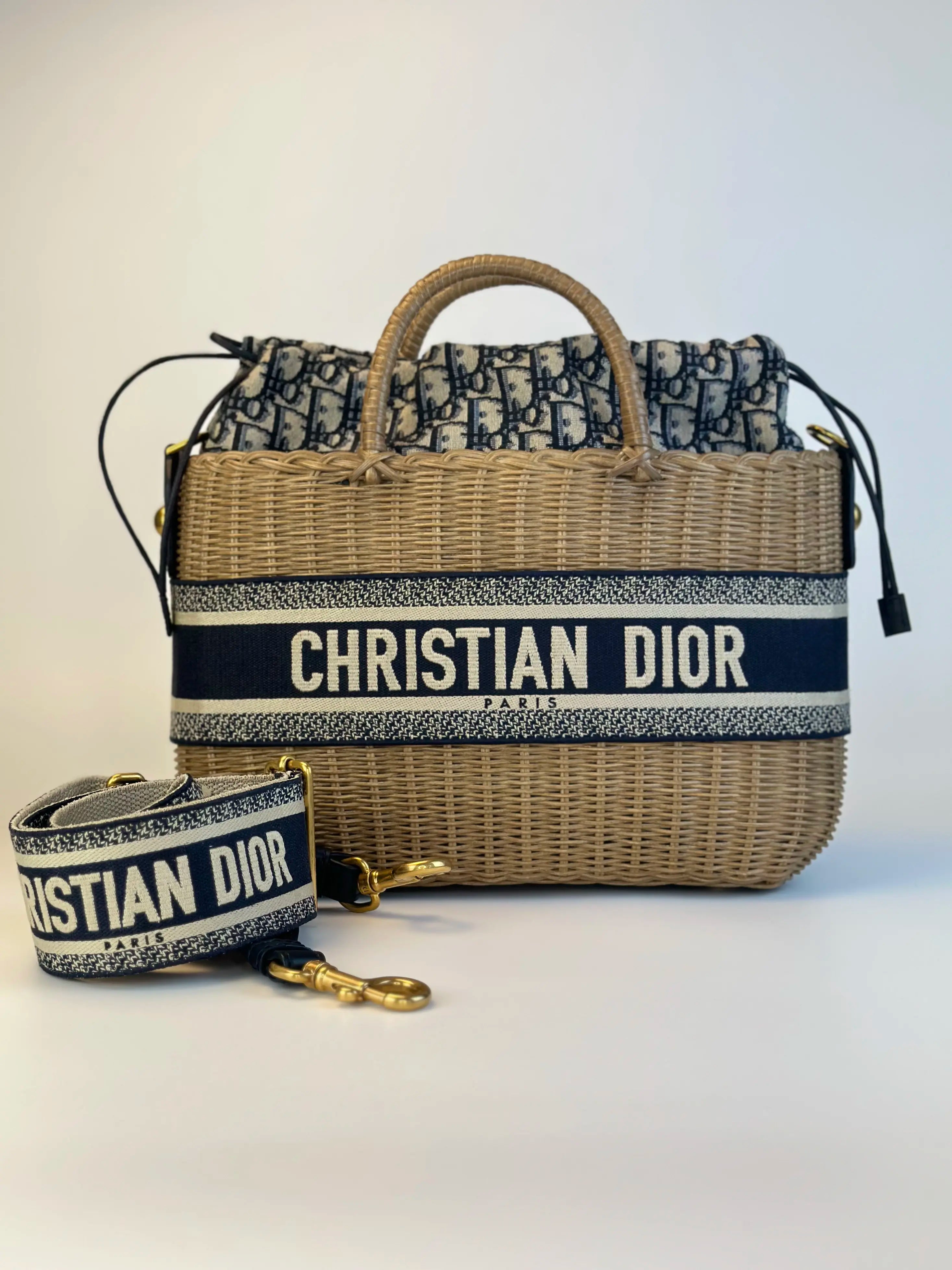 Christian Dior Logo-Jacquard Wicker Basket Bag