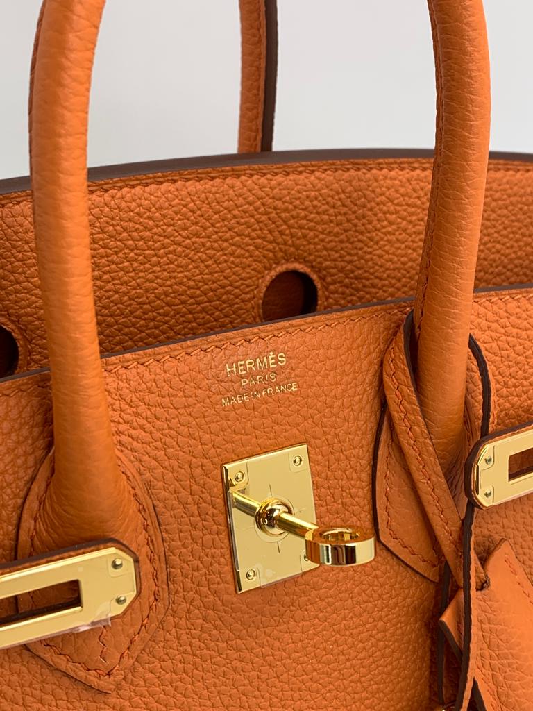 Hermes Birkin 25 Togo Orange handbag Gold hardware close up