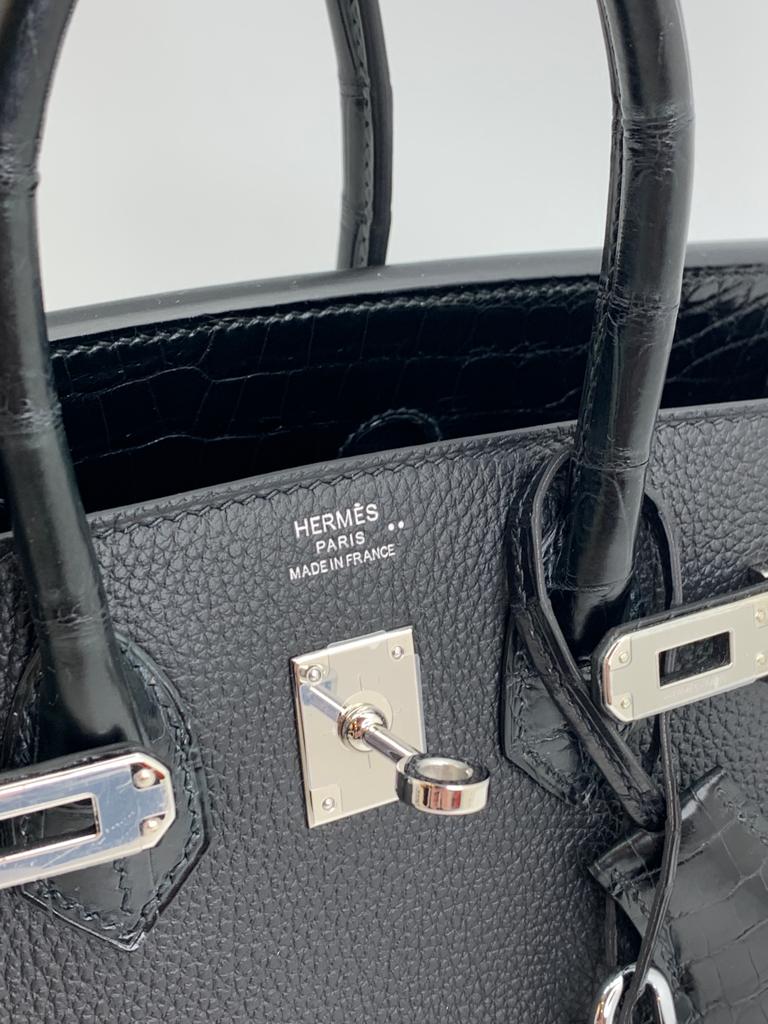 HERMES BIRKIN 25 RETOURNE TOGO BLACK HANDBAG PALLADIUM HARDWARE CLOSE UP