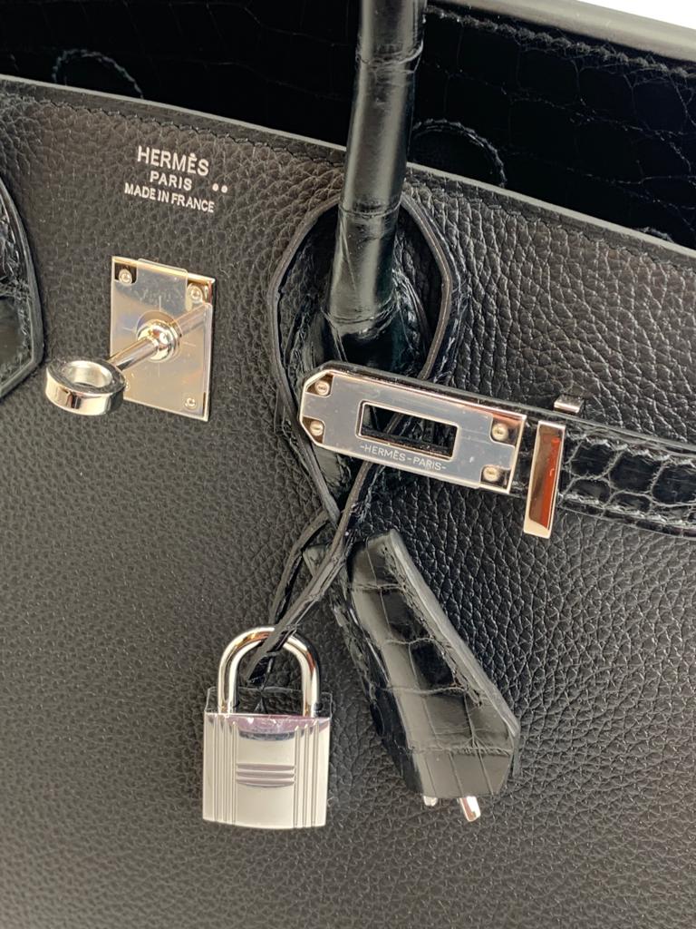 HERMES BIRKIN 25 RETOURNE TOGO BLACK HANDBAG PALLADIUM HARDWARE locks and chain