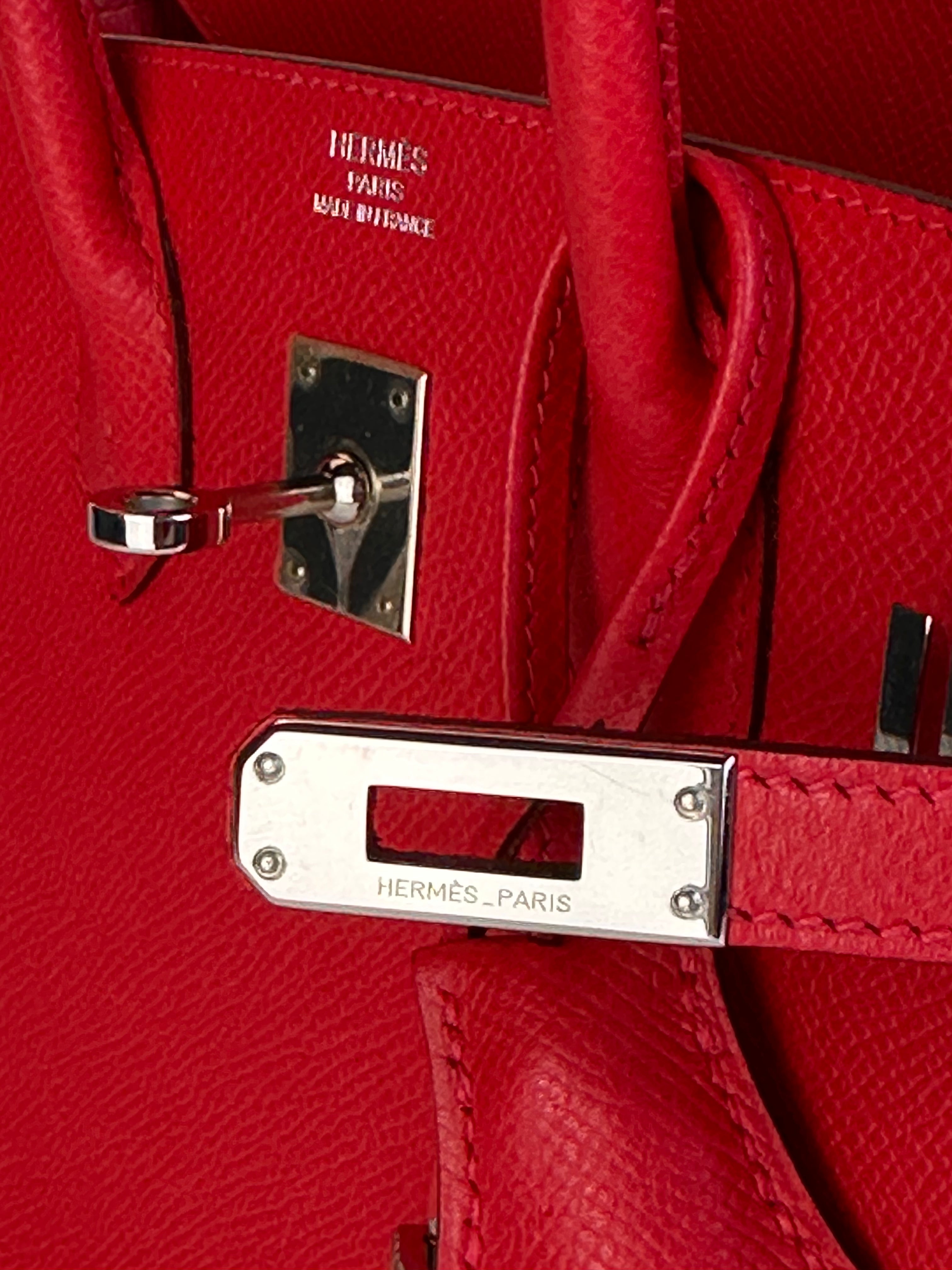   HERMES BIRKIN 25 RETOURNE EPSON BOUGAINVILLIER RED HANDBAG PALLADIUM HARDWARE close up