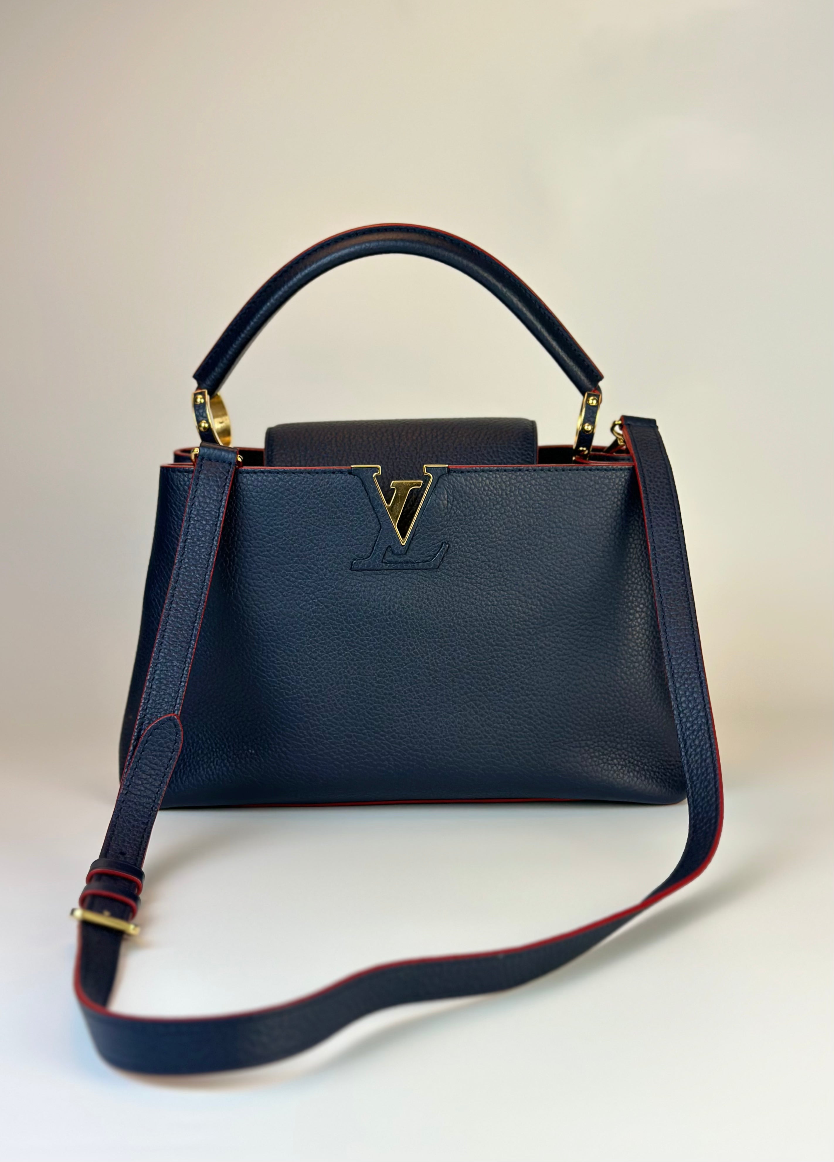 LOUIS VUITTON CAPUCCINES MM BAG in Navy Blue and Red Finishing