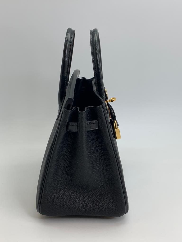 Hermes Birkin 25 Retourne Togo Black Handbag Gold Hardware with Alligator Mississippiensis Flap and Handles
